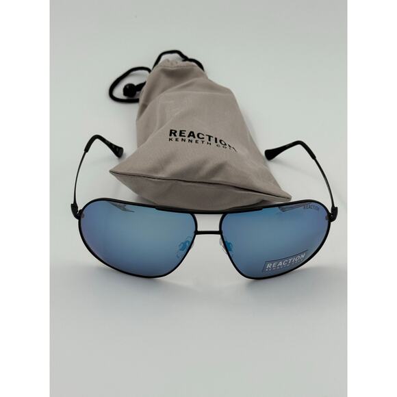 Kenneth Cole Reaction Black Aviator Sunglasses with Blue Mirror Lenses & Case - Picture 2 of 3